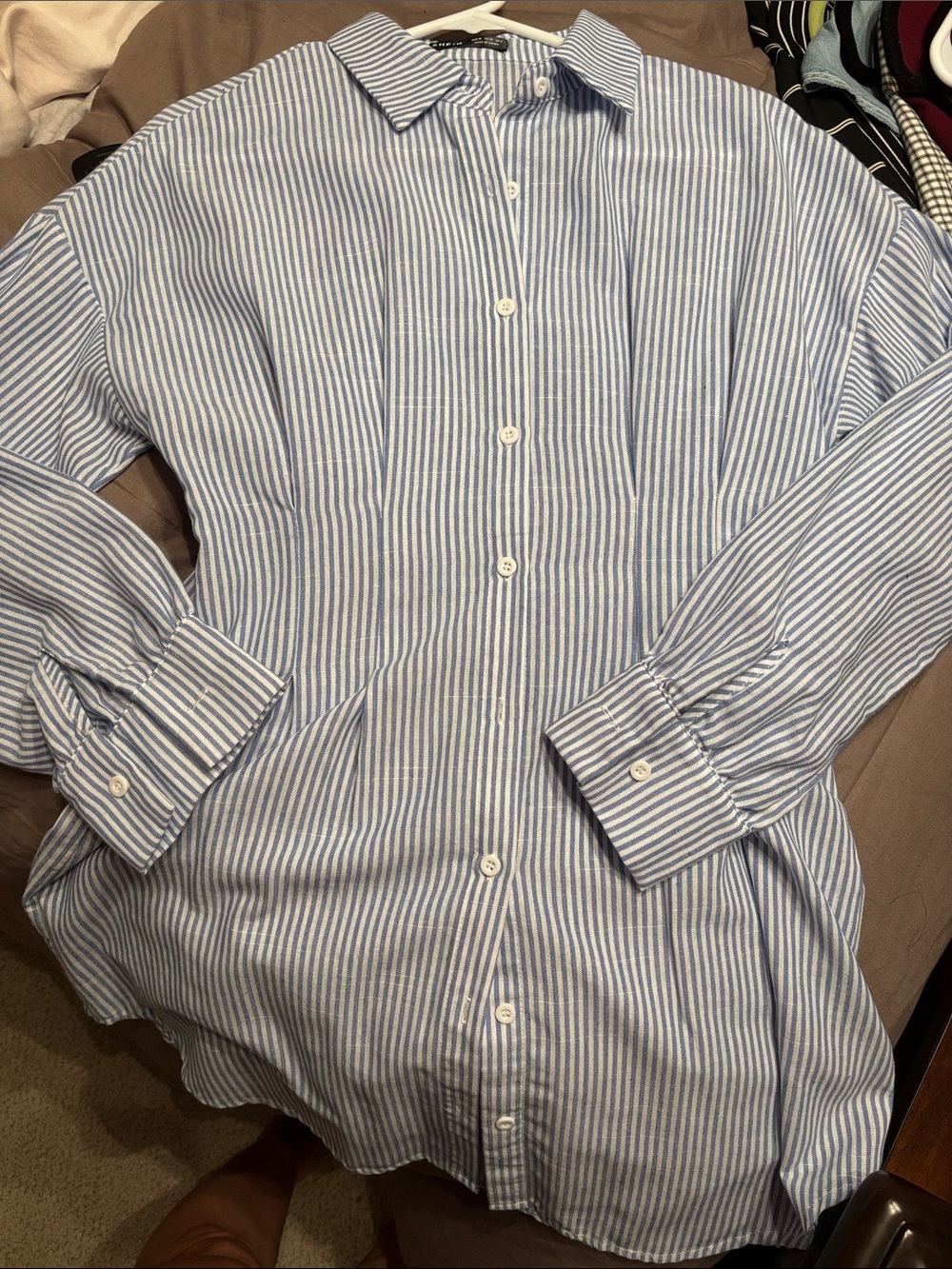 Women Blue and White Striped Button-Down mini dress.